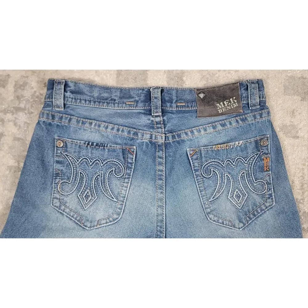 MEK DNM Cody Straight Leg Button-Fly Faded Whiskered Blue Denim Jeans Sz 37x33